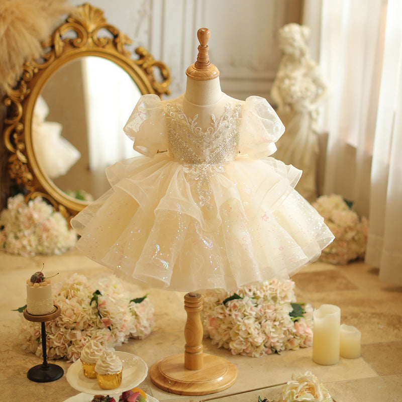Robe Bébé Fille à Manches Courtes en Dentelle, Coupe Trapèze/Princesse, avec Appliques en Perles et Nœud