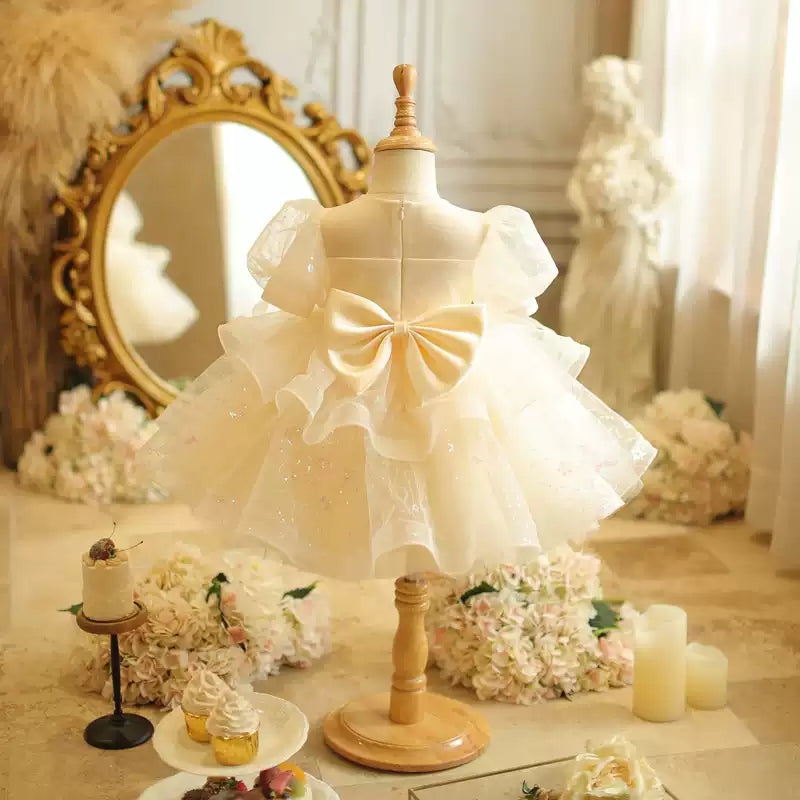 Robe Bébé Fille à Manches Courtes en Dentelle, Coupe Trapèze/Princesse, avec Appliques en Perles et Nœud