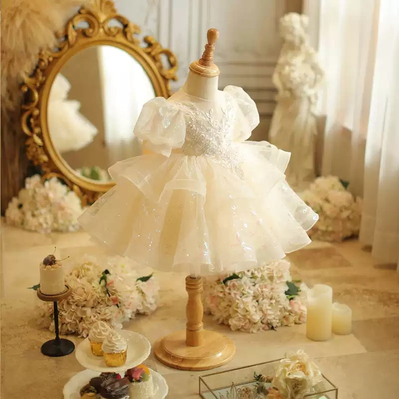 Robe Bébé Fille à Manches Courtes en Dentelle, Coupe Trapèze/Princesse, avec Appliques en Perles et Nœud