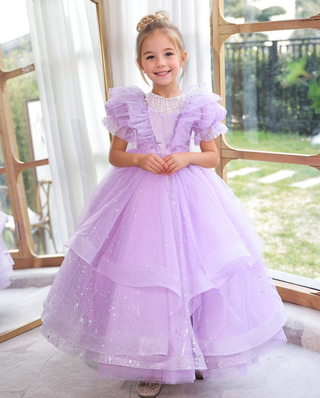 Robe de Soirée Longue à Volants et Manches Courtes pour Fille avec Col Rond Perlé