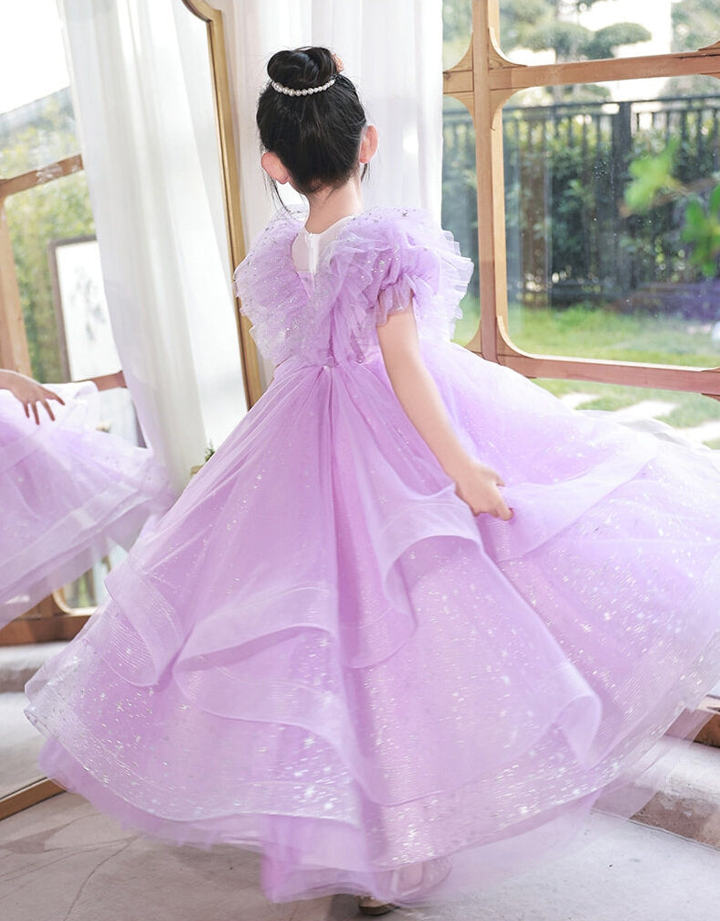 Robe de Soirée Longue à Volants et Manches Courtes pour Fille avec Col Rond Perlé