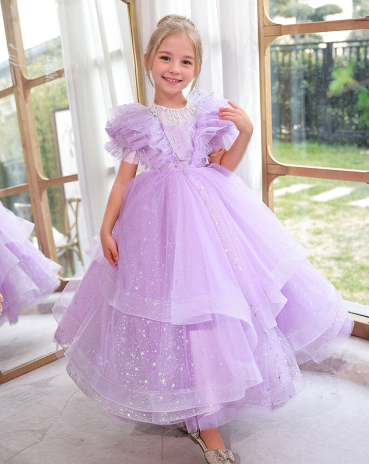 Robe de Soirée Longue à Volants et Manches Courtes pour Fille avec Col Rond Perlé