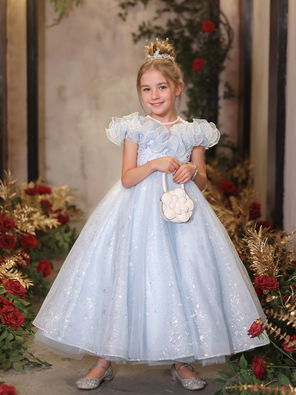 Robe de Soirée A-Line/Princess à Manches Courtes et Volants pour Demoiselle D'Honneur avec Strass