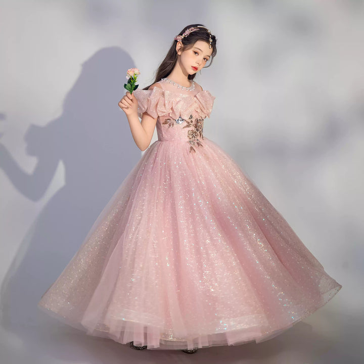 Robe de Soirée pour Fille avec Broderies, Longueur Au Sol, Coupe A-Line/Princesse, Épaules Dénudées