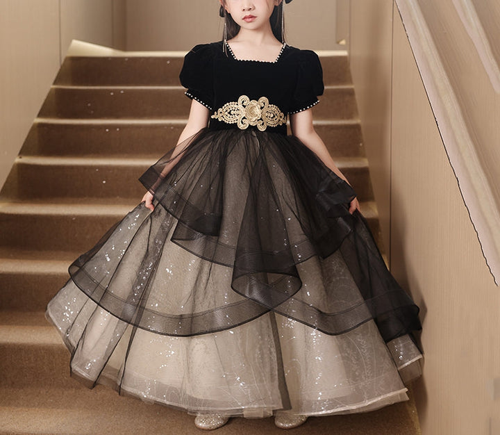 Robe de Soirée pour Fille à Col Carré et Manches Courtes avec Perles et Ceinture en Strass