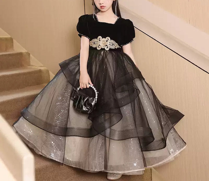 Robe de Soirée pour Fille à Col Carré et Manches Courtes avec Perles et Ceinture en Strass