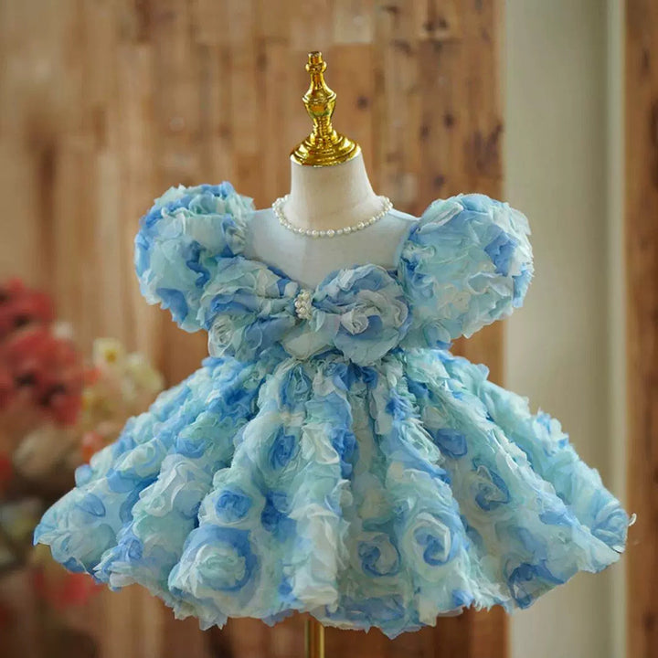 Robe Bébé Fille à Col Rond, Manches Courtes, Longueur Genou, avec Perles et Fleurs Froncées