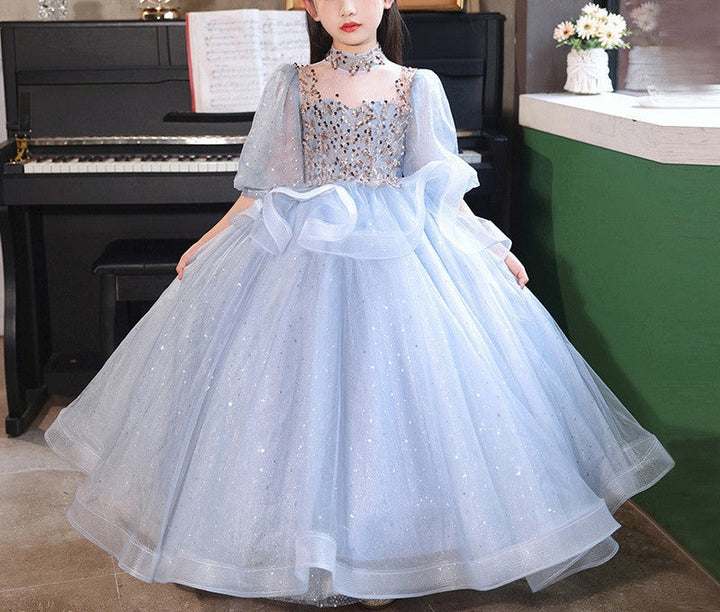 Robe de Bal à Col Haut et Manches 3/4 pour Demoiselle D'Honneur avec Strass