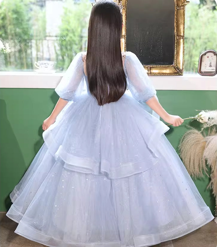 Robe de Bal à Col Haut et Manches 3/4 pour Demoiselle D'Honneur avec Strass