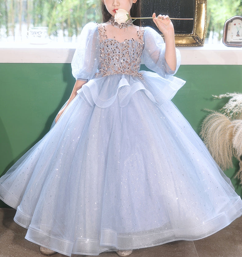 Robe de Bal à Col Haut et Manches 3/4 pour Demoiselle D'Honneur avec Strass