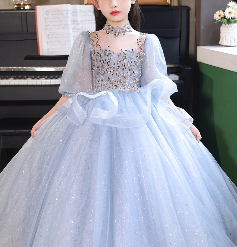 Robe de Bal à Col Haut et Manches 3/4 pour Demoiselle D'Honneur avec Strass