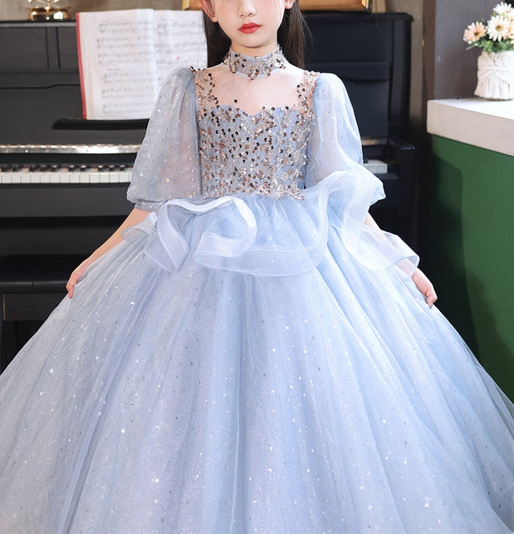 Robe de Bal à Col Haut et Manches 3/4 pour Demoiselle D'Honneur avec Strass