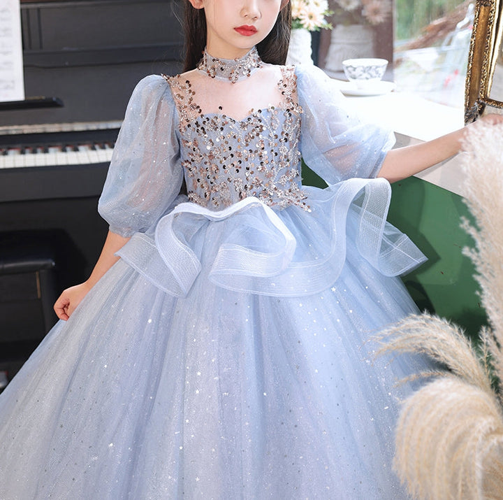 Robe de Bal à Col Haut et Manches 3/4 pour Demoiselle D'Honneur avec Strass