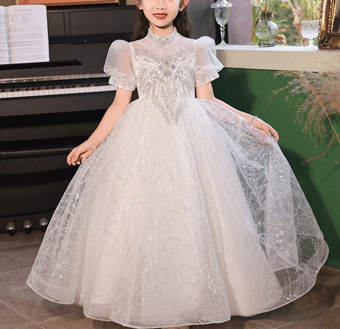 Robe de Demoiselle D'Honneur en Dentelle à Manches Courtes et Col Haut, Coupe A-Line/Princesse, avec Appliques en Cristal