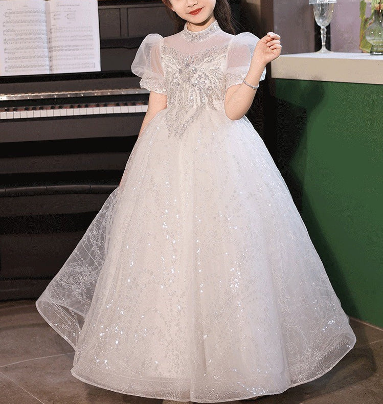 Robe de Demoiselle D'Honneur en Dentelle à Manches Courtes et Col Haut, Coupe A-Line/Princesse, avec Appliques en Cristal