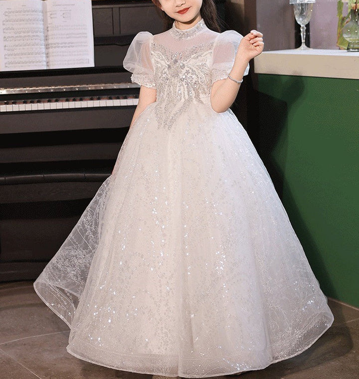 Robe de Demoiselle D'Honneur en Dentelle à Manches Courtes et Col Haut, Coupe A-Line/Princesse, avec Appliques en Cristal