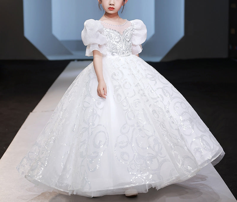 Robe de Bal à Col Rond et Manches Courtes avec Perles et Appliques en Cristal pour Fille