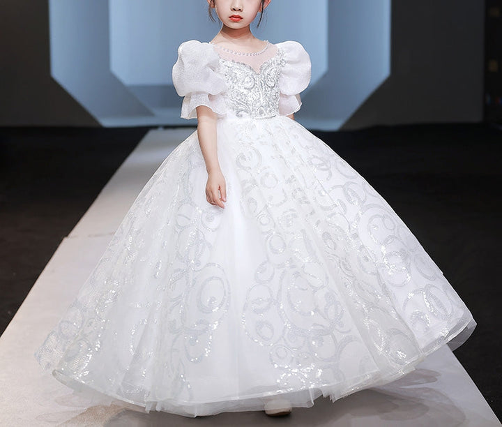 Robe de Bal à Col Rond et Manches Courtes avec Perles et Appliques en Cristal pour Fille