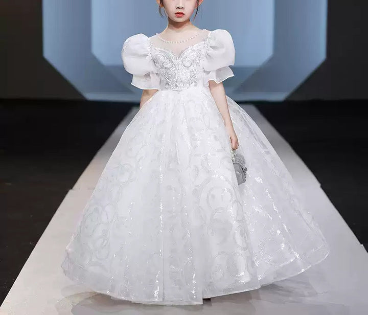 Robe de Bal à Col Rond et Manches Courtes avec Perles et Appliques en Cristal pour Fille
