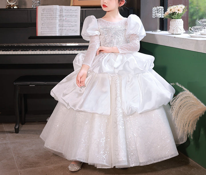 Robe de Bal à Manches Longues et Froncée en Dentelle pour Fille avec Appliques en Cristal