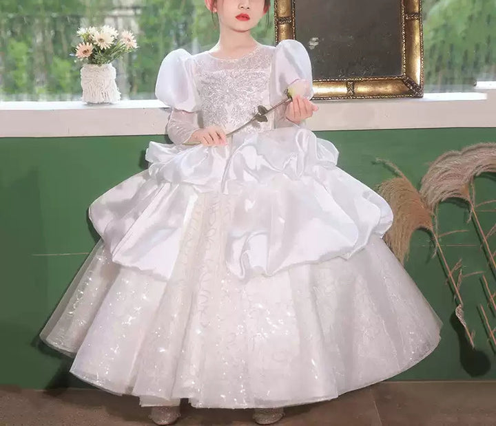 Robe de Bal à Manches Longues et Froncée en Dentelle pour Fille avec Appliques en Cristal