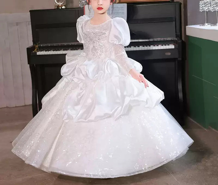 Robe de Bal à Manches Longues et Froncée en Dentelle pour Fille avec Appliques en Cristal