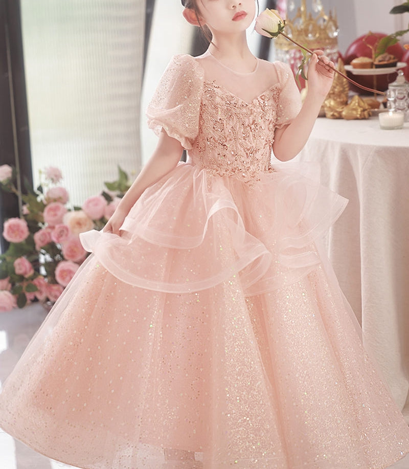 Robe de Soirée A-Line/Princess à Col Rond et Manches Courtes pour Fille avec Appliques en Cristal
