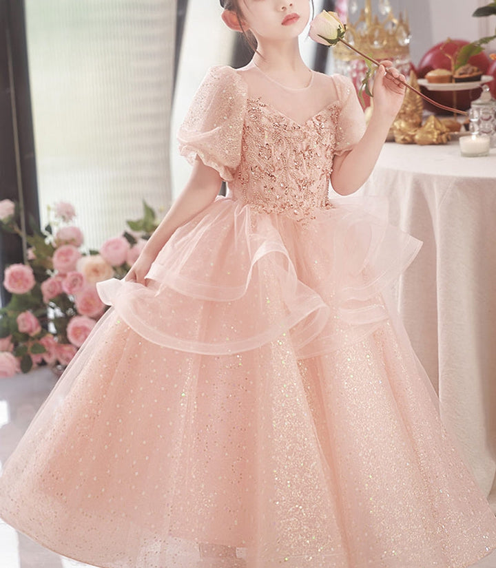 Robe de Soirée A-Line/Princess à Col Rond et Manches Courtes pour Fille avec Appliques en Cristal