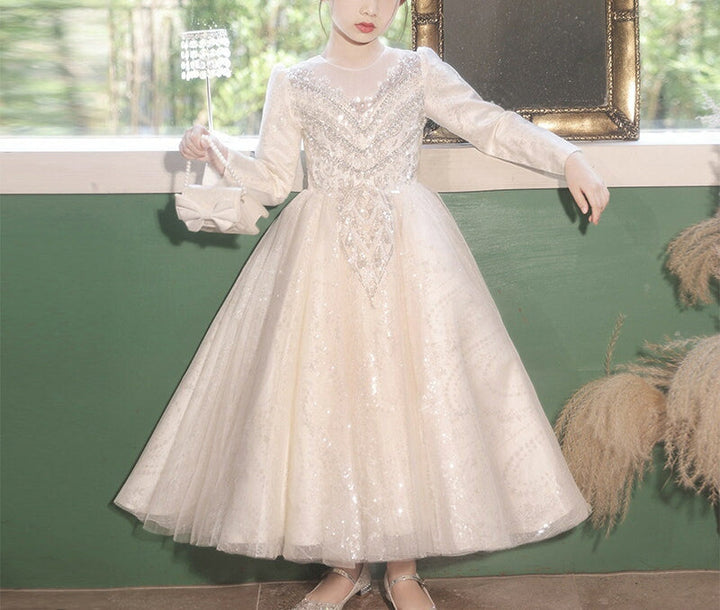 Robe de Bal à Col Rond et Manches Longues pour Demoiselle D'Honneur avec Appliques en Strass