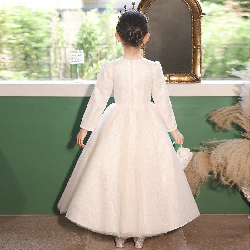 Robe de Bal à Col Rond et Manches Longues pour Demoiselle D'Honneur avec Appliques en Strass