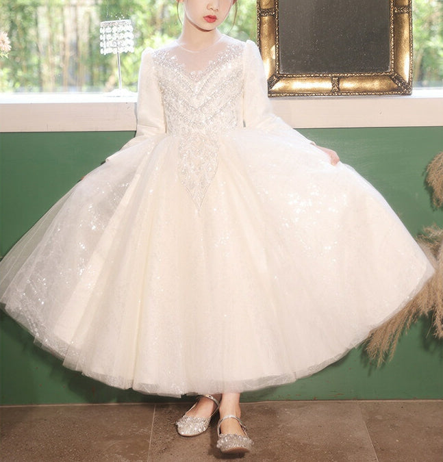Robe de Bal à Col Rond et Manches Longues pour Demoiselle D'Honneur avec Appliques en Strass
