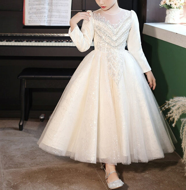 Robe de Bal à Col Rond et Manches Longues pour Demoiselle D'Honneur avec Appliques en Strass