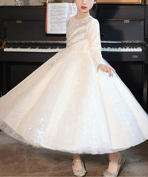 Robe de Bal à Col Rond et Manches Longues pour Demoiselle D'Honneur avec Appliques en Strass