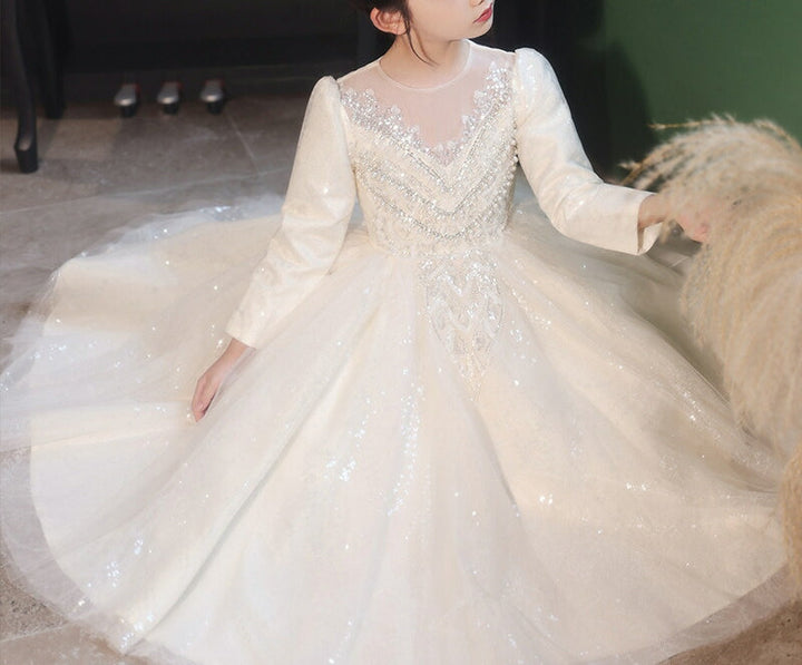 Robe de Bal à Col Rond et Manches Longues pour Demoiselle D'Honneur avec Appliques en Strass