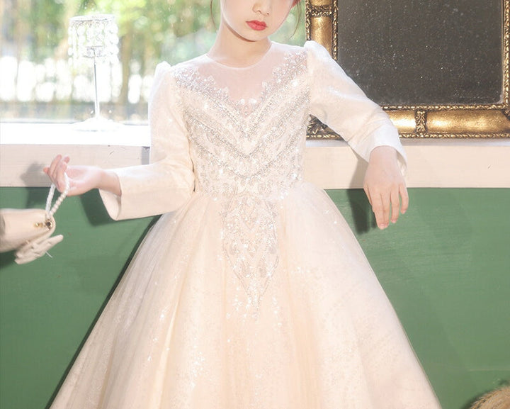 Robe de Bal à Col Rond et Manches Longues pour Demoiselle D'Honneur avec Appliques en Strass