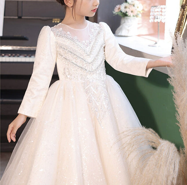 Robe de Bal à Col Rond et Manches Longues pour Demoiselle D'Honneur avec Appliques en Strass