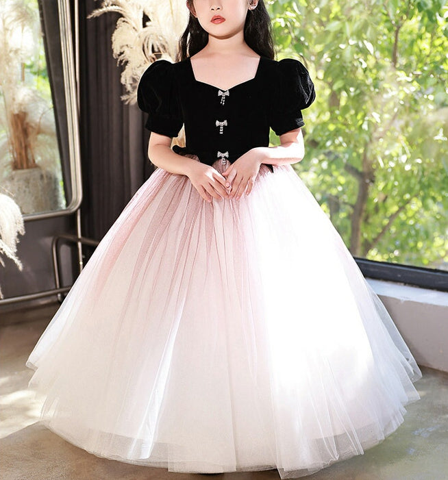 Robe de Soirée Trapèze/Princesse à Col en V et Manches Courtes pour Fille avec Cristaux