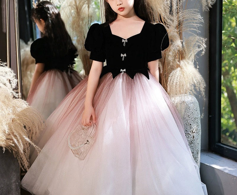 Robe de Soirée Trapèze/Princesse à Col en V et Manches Courtes pour Fille avec Cristaux