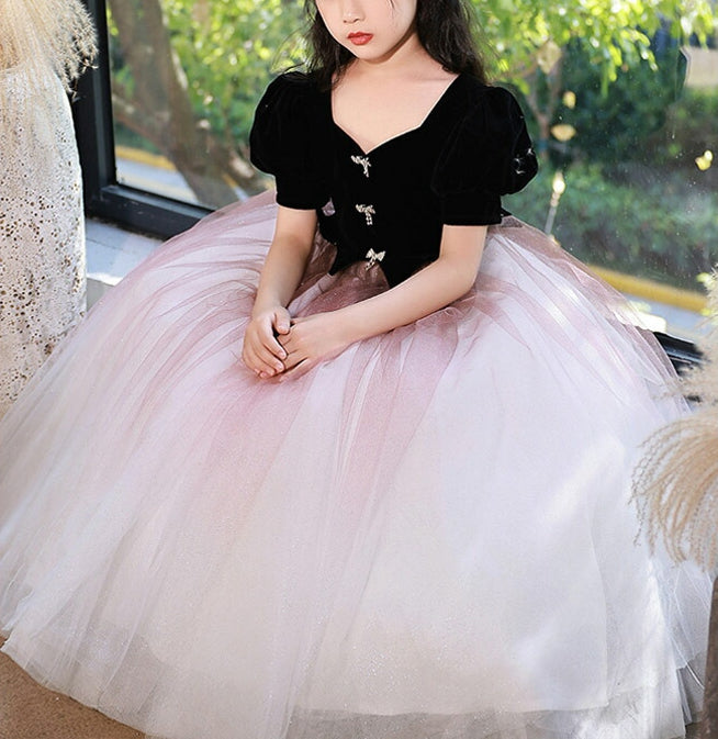Robe de Soirée Trapèze/Princesse à Col en V et Manches Courtes pour Fille avec Cristaux