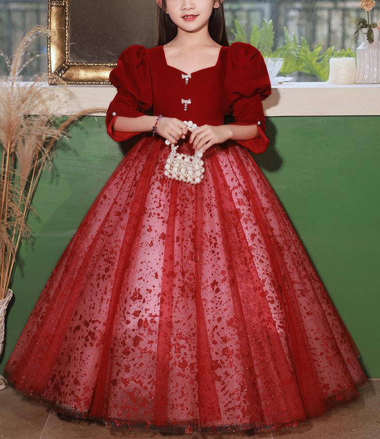 Robe de Soirée Rouge pour Fille, Coupe A-Line/Princess, Col en V, Manches Longues, Longueur Au Sol
