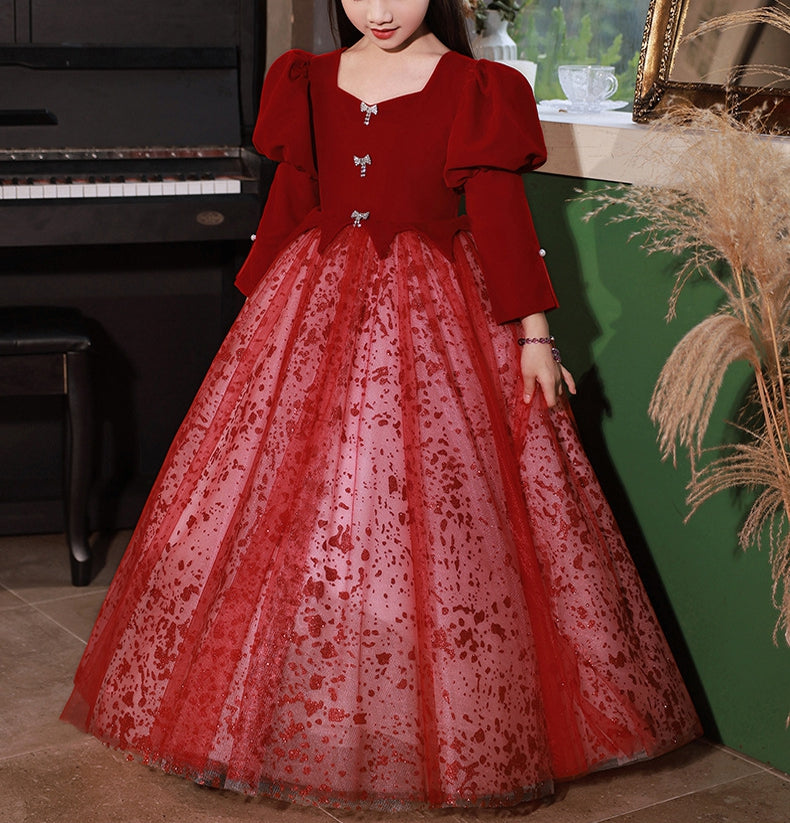 Robe de Soirée Rouge pour Fille, Coupe A-Line/Princess, Col en V, Manches Longues, Longueur Au Sol