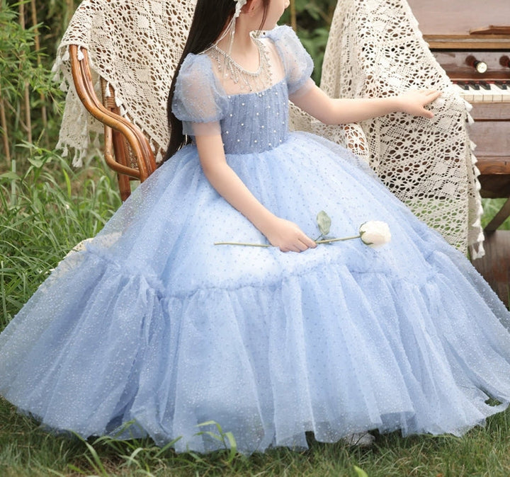 Robe de Soirée Longue à Col Rond et Manches Courtes pour Fille avec Perles