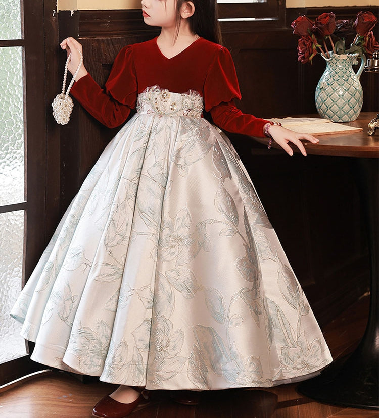Robe de Soirée A-Line/Princess à Col en V et Manches Longues pour Fille avec Broderie et Appliques