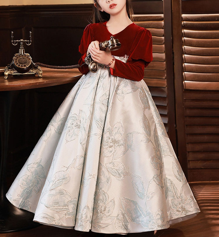 Robe de Soirée A-Line/Princess à Col en V et Manches Longues pour Fille avec Broderie et Appliques