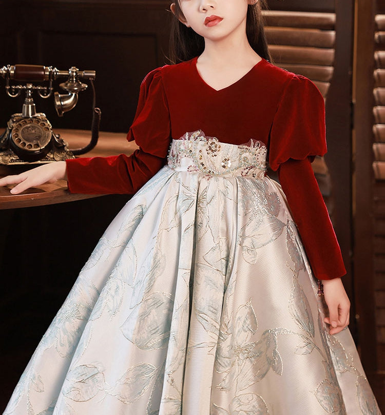Robe de Soirée A-Line/Princess à Col en V et Manches Longues pour Fille avec Broderie et Appliques
