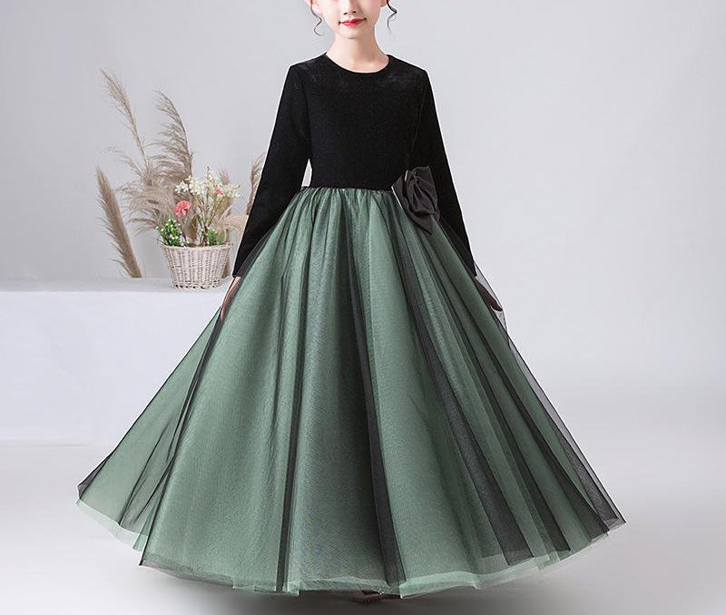 Robe de Soirée A-Line/Princess à Col Rond et Manches Longues pour Fille avec Nœud