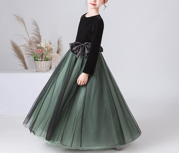 Robe de Soirée A-Line/Princess à Col Rond et Manches Longues pour Fille avec Nœud