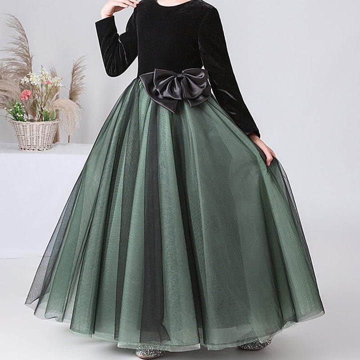 Robe de Soirée A-Line/Princess à Col Rond et Manches Longues pour Fille avec Nœud