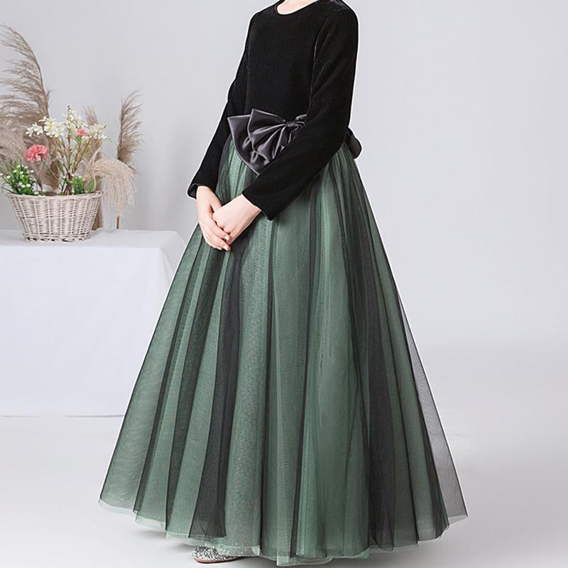 Robe de Soirée A-Line/Princess à Col Rond et Manches Longues pour Fille avec Nœud
