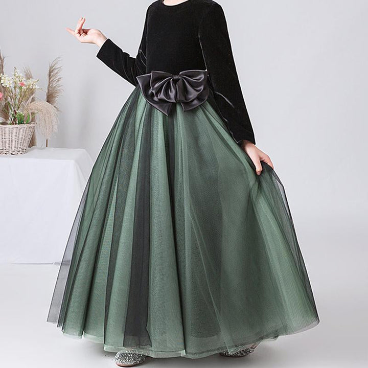 Robe de Soirée A-Line/Princess à Col Rond et Manches Longues pour Fille avec Nœud